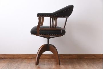 アンティーク家具　大正ロマン　ナラ材　黒いファブリックがシックなドクターチェア(アームチェア、回転椅子)