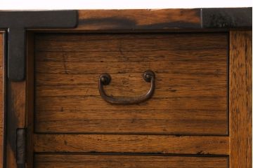 アンティーク家具　和製アンティーク　前面栗材鳥眼杢　リメイク　黒柿の縁が魅力的なローチェスト(ローボード、収納棚、引き出し)