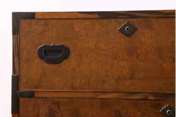 アンティーク家具　和製アンティーク　前面栗材鳥眼杢　リメイク　黒柿の縁が魅力的なローチェスト(ローボード、収納棚、引き出し)