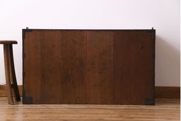 アンティーク家具　和製アンティーク　前面栗材鳥眼杢　リメイク　黒柿の縁が魅力的なローチェスト(ローボード、収納棚、引き出し)