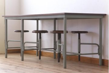 ラフジュ工房オリジナル アンティークペイントが魅力的な6脚格納スツール付きテーブル(ダイニングテーブル、作業台)(1)