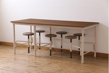 ラフジュ工房オリジナル アンティークペイントが魅力的な6脚格納スツール付きテーブル(ダイニングテーブル、作業台)(2)