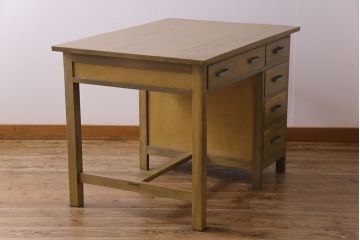 レトロ家具　昭和中期　ナラ材　昭和レトロな雰囲気が魅力の片袖机(作業台、ワークデスク、在宅ワーク、在宅用)