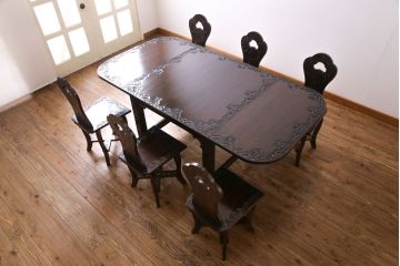 アンティーク家具　特注品　激レア!　華やかさが際立つ軽井沢彫りバタフライテーブル(エクステンションテーブル、ダイニングテーブル)