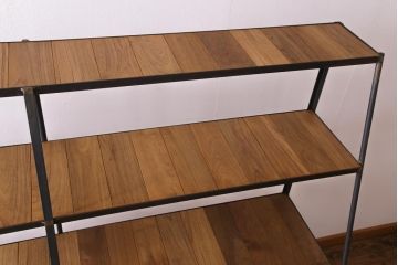 ラフジュオリジナル　チーク無垢材　シャビーな質感が格好いい台形アイアンラック(飾り棚、陳列棚)
