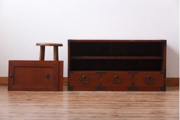 アンティーク家具　昭和初期　ヒノキ材　和の趣き溢れる上品な箪笥ローボード(収納棚、引き出し、リビングボード)