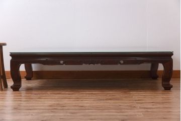 中古　大阪唐木指物　カリン材　つややかな漆塗りと品のよい装飾の座卓(ローテーブル、花梨材)(定価約90万円)