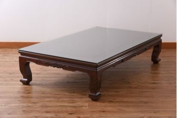 中古　大阪唐木指物　カリン材　つややかな漆塗りと品のよい装飾の座卓(ローテーブル、花梨材)(定価約90万円)
