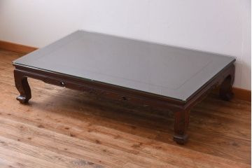 中古　大阪唐木指物　カリン材　つややかな漆塗りと品のよい装飾の座卓(ローテーブル、花梨材)(定価約90万円)