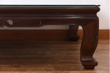 中古　大阪唐木指物　カリン材　つややかな漆塗りと品のよい装飾の座卓(ローテーブル、花梨材)(定価約90万円)