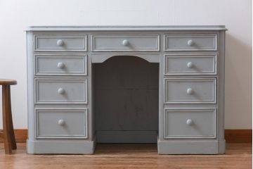 ペイント家具　パイン材　淡いペイントが愛らしいフランスアンティークのドロワー付きデスク(ワークデスク、在宅ワーク、在宅用、作業台、両袖机)