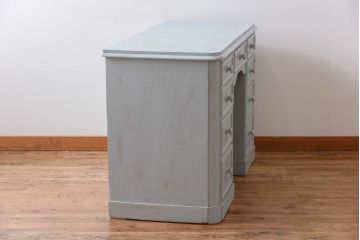 ペイント家具　パイン材　淡いペイントが愛らしいフランスアンティークのドロワー付きデスク(ワークデスク、在宅ワーク、在宅用、作業台、両袖机)