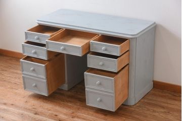 ペイント家具　パイン材　淡いペイントが愛らしいフランスアンティークのドロワー付きデスク(ワークデスク、在宅ワーク、在宅用、作業台、両袖机)