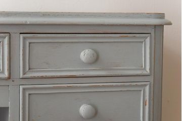 ペイント家具　パイン材　淡いペイントが愛らしいフランスアンティークのドロワー付きデスク(ワークデスク、在宅ワーク、在宅用、作業台、両袖机)