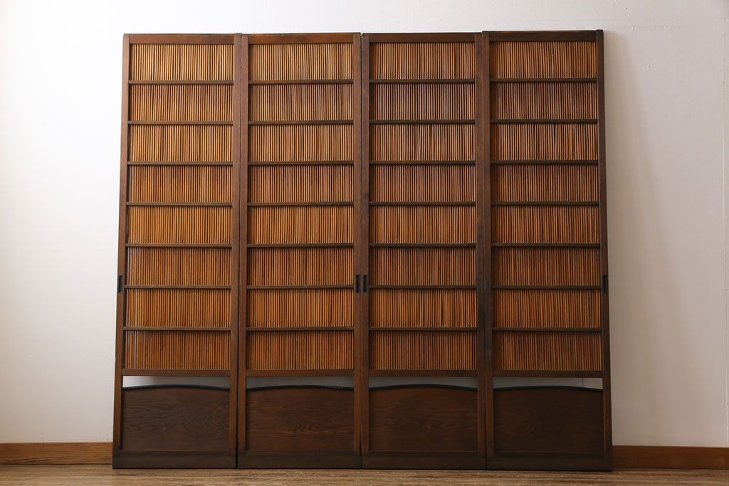 昭和中期　幅狭　竹の桟が風情を漂わせるアンティーク御簾戸(簾戸、簀戸、葭戸、夏障子、夏戸、葦戸)4枚セット