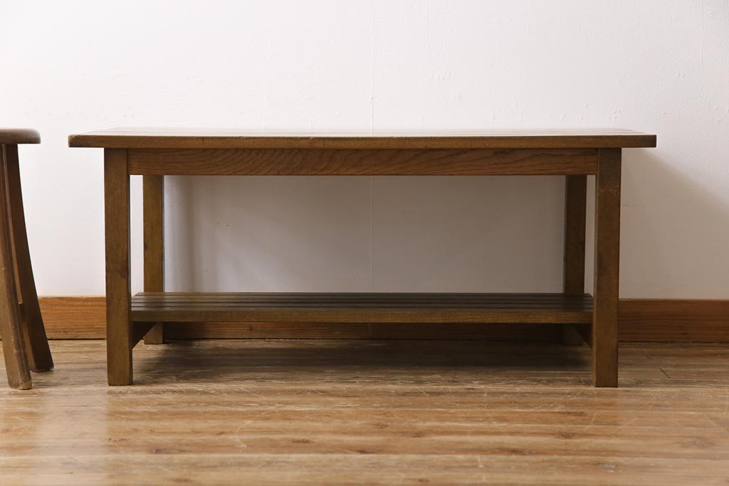 リメイク家具　ナラ材　素朴な木の風合いがレトロなセンターテーブル(ローテーブル、リビングテーブル、作業台)(1)