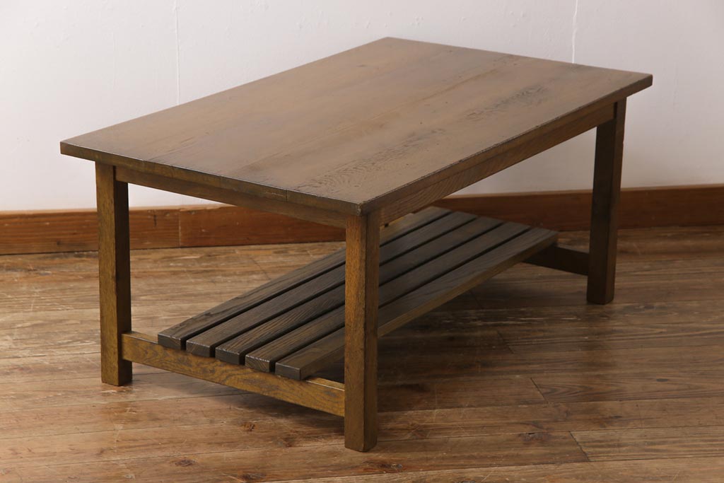 リメイク家具　ナラ材　素朴な木の風合いがレトロなセンターテーブル(ローテーブル、リビングテーブル、作業台)(1)