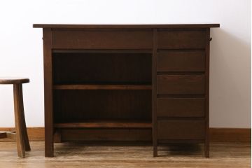 レトロ家具　昭和レトロ　ナラ材　収納力にも優れた薄型の片袖机(カウンターテーブル、作業台)