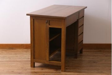 レトロ家具　昭和レトロ　ナラ材　収納力にも優れた薄型の片袖机(カウンターテーブル、作業台)(1)
