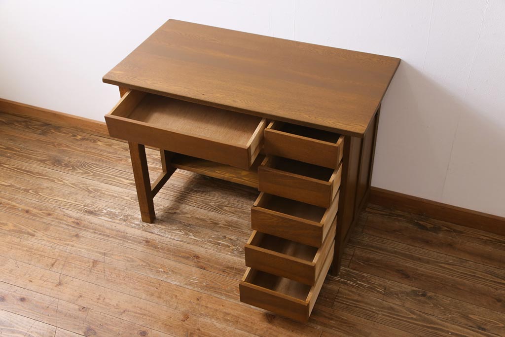 レトロ家具　昭和レトロ　ナラ材　収納力にも優れた薄型の片袖机(カウンターテーブル、作業台)(1)