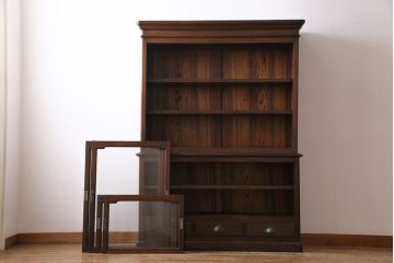 アンティーク家具　極上品!　和製アンティーク　希少な総ケヤキ材の重ねガラス戸棚(収納棚、飾り棚、キャビネット)