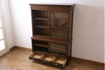 アンティーク家具　極上品!　和製アンティーク　希少な総ケヤキ材の重ねガラス戸棚(収納棚、飾り棚、キャビネット)