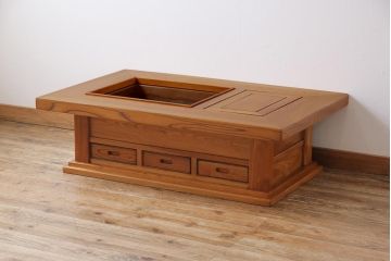 アンティーク雑貨　中古　総ケヤキ材　四尺　杢目が美しい関西火鉢(長火鉢、囲炉裏、テーブル)