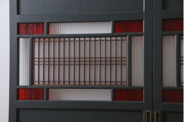 和製アンティーク　ペイント建具　モールガラス　色ガラス入り　モダンな雰囲気がお洒落な板戸2枚セット(建具、引き戸、ガラス戸)