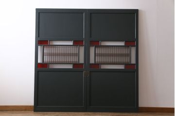 和製アンティーク　ペイント建具　モールガラス　色ガラス入り　モダンな雰囲気がお洒落な板戸2枚セット(建具、引き戸、ガラス戸)