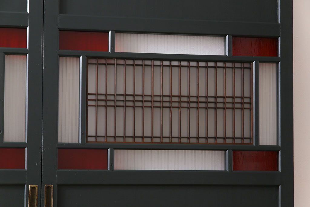 和製アンティーク　ペイント建具　モールガラス　色ガラス入り　モダンな雰囲気がお洒落な板戸2枚セット(建具、引き戸、ガラス戸)