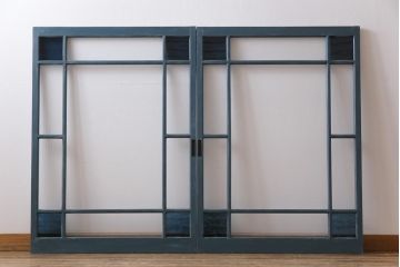 和製アンティーク　ペイント建具　色ガラス入り　レトロシックな雰囲気漂うガラス戸2枚セット(窓、建具)
