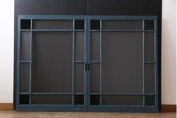 和製アンティーク　ペイント建具　色ガラス入り　レトロシックな雰囲気漂うガラス戸2枚セット(窓、建具)