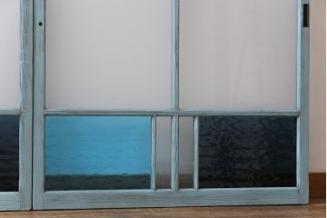 和製アンティーク　ペイント建具　色ガラス入り　レトロモダンな雰囲気がお洒落なガラス戸2枚セット(窓、建具)