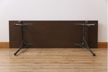 昭和レトロ　リメイク　栗材一枚板　古い木の質感が味わい深い鉄脚テーブル(コンソールテーブル、作業台)