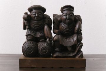 アンティーク雑貨　大正昭和初期　房州千倉　後藤義孝作　ふくよかな恵比寿天・大黒天の木彫り置物(民芸品)