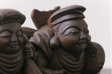 アンティーク雑貨　大正昭和初期　房州千倉　後藤義孝作　ふくよかな恵比寿天・大黒天の木彫り置物(民芸品)