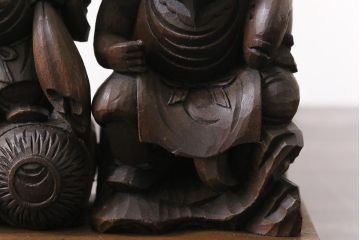 アンティーク雑貨　大正昭和初期　房州千倉　後藤義孝作　ふくよかな恵比寿天・大黒天の木彫り置物(民芸品)