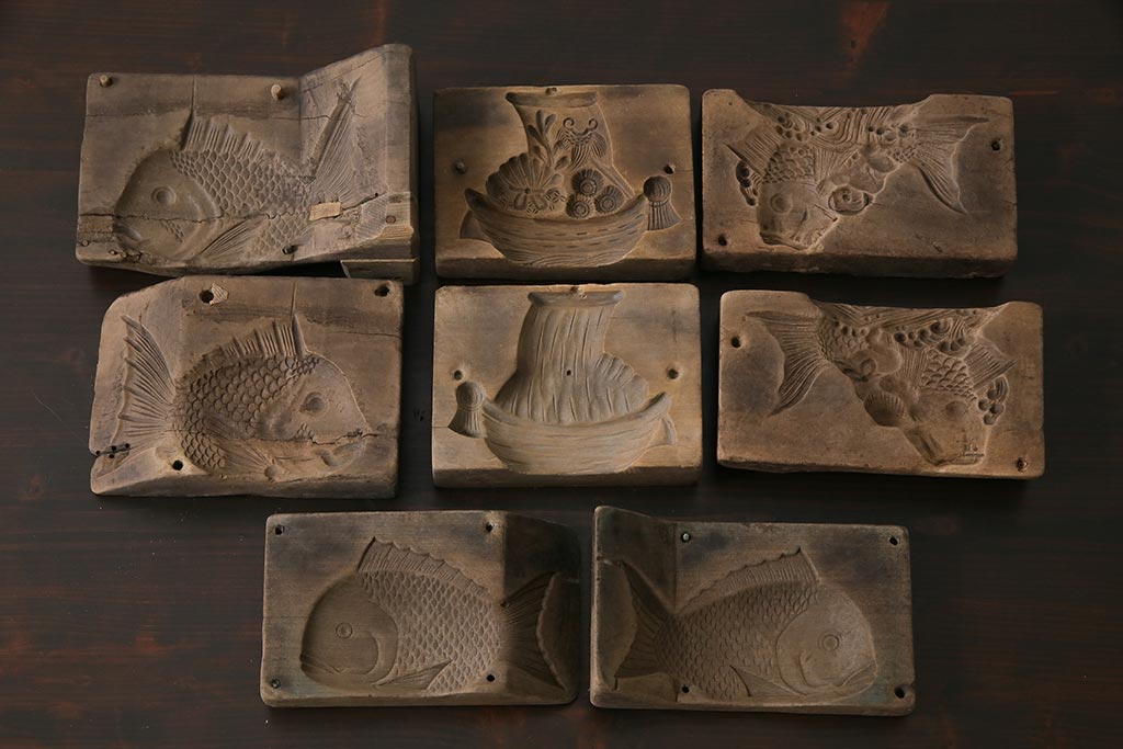 アンティーク雑貨　昭和レトロ　和菓子屋さんで使われていた木製の古い菓子型(鯛・宝船)4点セット