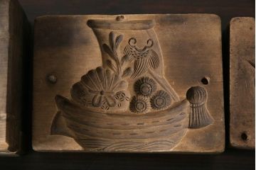 アンティーク雑貨　昭和レトロ　和菓子屋さんで使われていた木製の古い菓子型(鯛・宝船)4点セット