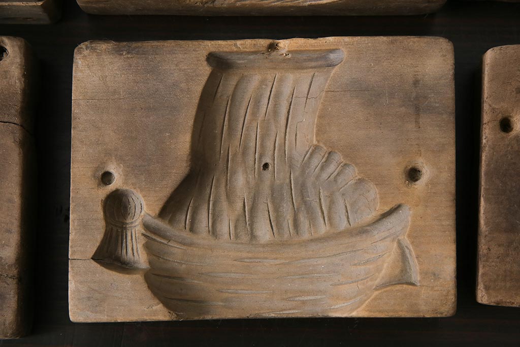 アンティーク雑貨　昭和レトロ　和菓子屋さんで使われていた木製の古い菓子型(鯛・宝船)4点セット