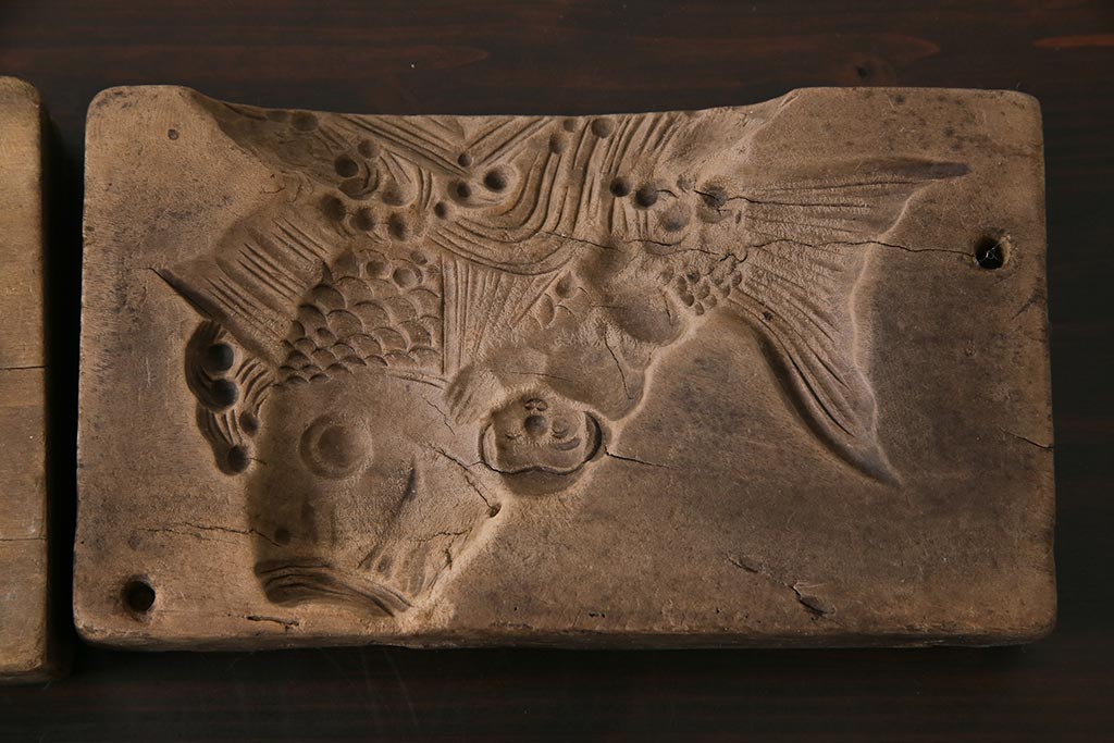 アンティーク雑貨　昭和レトロ　和菓子屋さんで使われていた木製の古い菓子型(鯛・宝船)4点セット