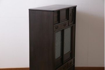 和製アンティーク　ラフジュオリジナルガラス　縞黒檀　上質な和の雰囲気漂う戸棚(収納棚、茶棚)