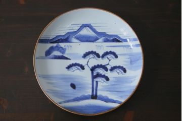古民具・骨董　幕末期　山水図　趣深いアンティークの大皿(和食器)