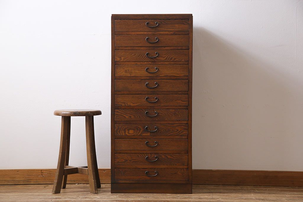 レトロ家具　昭和レトロ　タモ・ブナ材　ワークスペースにおすすめな温もり溢れる縦型小引き出し(サイドチェスト)