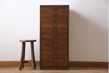 レトロ家具　昭和レトロ　タモ・ブナ材　ワークスペースにおすすめな温もり溢れる縦型小引き出し(サイドチェスト)