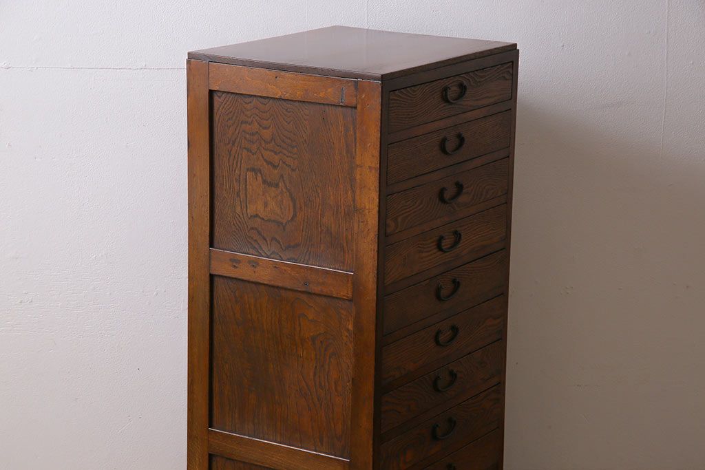 レトロ家具　昭和レトロ　タモ・ブナ材　ワークスペースにおすすめな温もり溢れる縦型小引き出し(サイドチェスト)