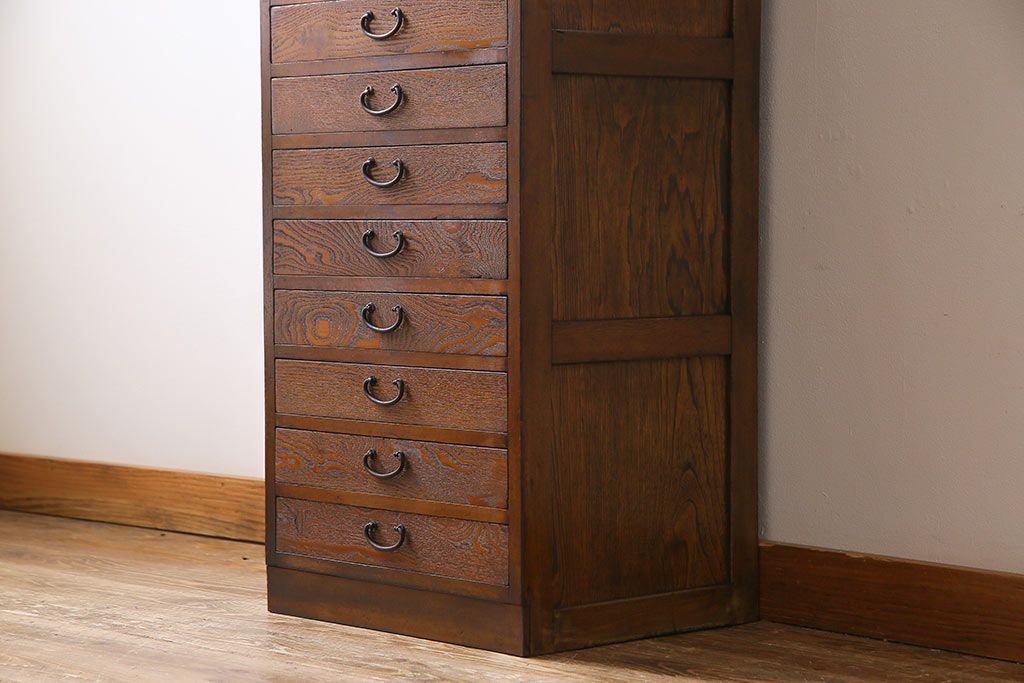 レトロ家具　昭和レトロ　タモ・ブナ材　ワークスペースにおすすめな温もり溢れる縦型小引き出し(サイドチェスト)