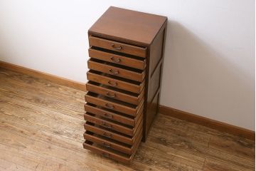 レトロ家具　昭和レトロ　タモ・ブナ材　ワークスペースにおすすめな温もり溢れる縦型小引き出し(サイドチェスト)