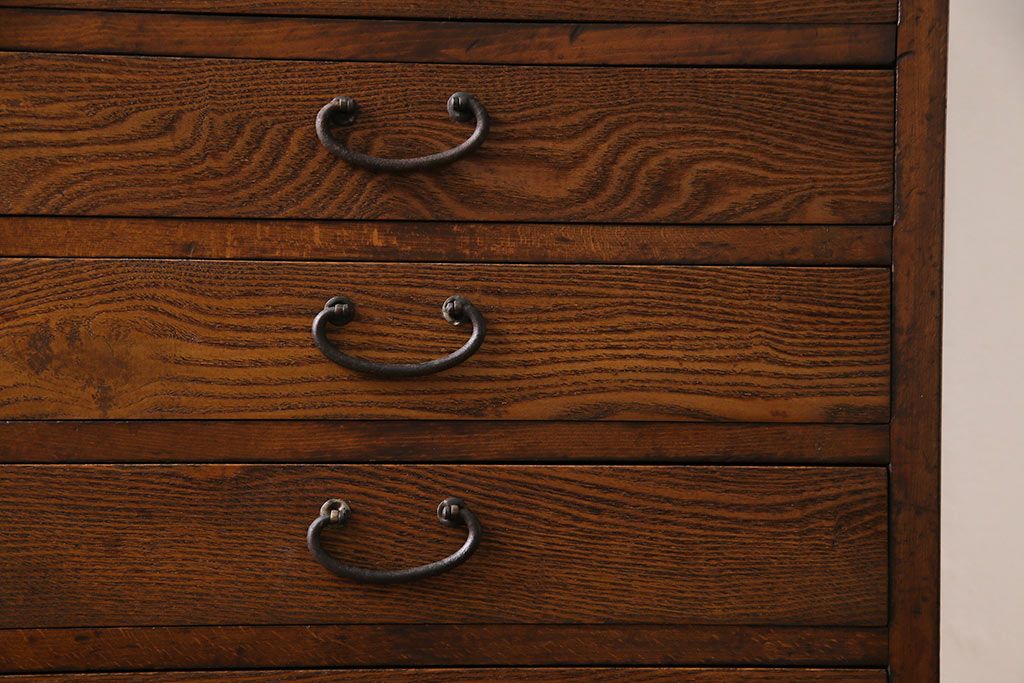 レトロ家具　昭和レトロ　タモ・ブナ材　ワークスペースにおすすめな温もり溢れる縦型小引き出し(サイドチェスト)