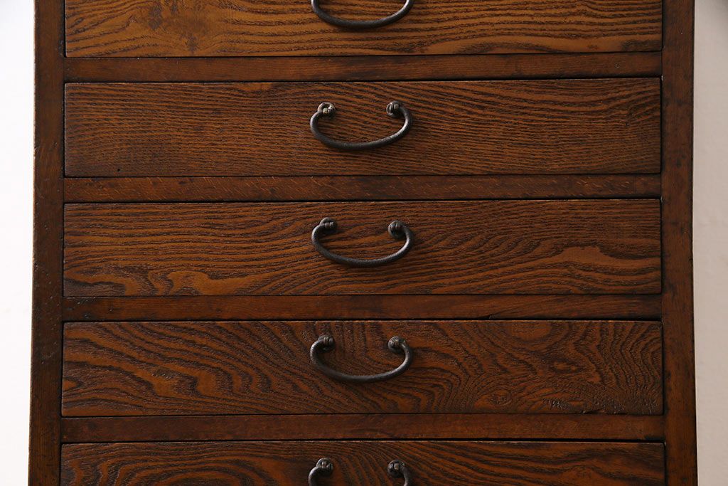 レトロ家具　昭和レトロ　タモ・ブナ材　ワークスペースにおすすめな温もり溢れる縦型小引き出し(サイドチェスト)